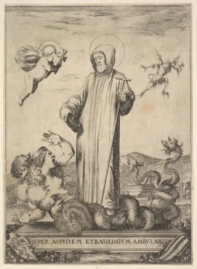 Saint Jean Gualbert trampling a monster with two human heads and a serpentine body, from "Frontispiece and four scenes from the life of Saint John Gualbert" (Frontispice et quatre vignettes pour une vie de Saint Jean Gualbert)