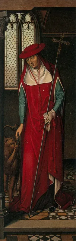 Saint Jerome. Colour lithograph by C. Schultz after H. Memling, 1878