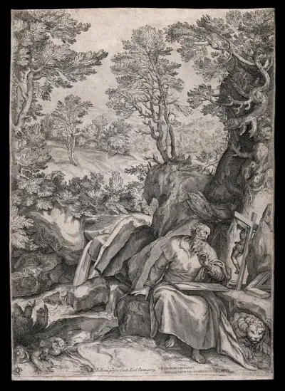 Saint Jerome. Engraving after G. Muziano