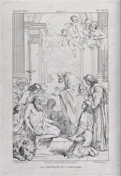 Saint Jerome. Engraving by A. Mannelli after P. Guglielmi after D. Zampieri, il Domenichino