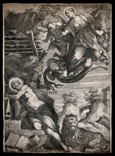 Saint Jerome. Engraving by Agostino Carracci, 1588, after J. Tintoretto