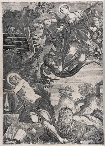 Saint Jerome. Engraving by Agostino Carracci, 1588, after Tintoretto