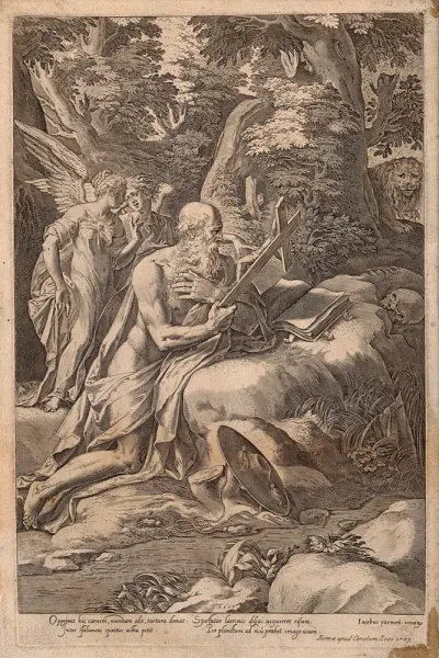 Saint Jerome. Engraving by C. Cort, 1577, after G.F.M Mazzola, il Parmigianino