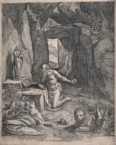Saint Jerome. Engraving by J. Sadeler I after G. Mostaert