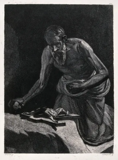 Saint Jerome. Etching by E. Lemus y Olmo after L. Tristan de Escamilla