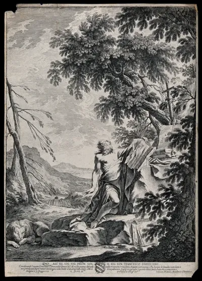 Saint Jerome. Etching by L. Mattioli, 1711