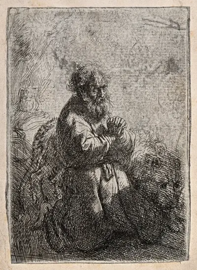Saint Jerome. Etching by Rembrandt van Rijn