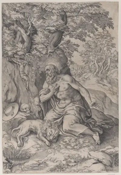 Saint Jerome in the wilderness, with a lion at left