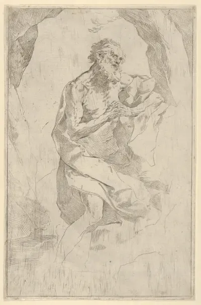 Saint Jerome kneeling on a rock facing right