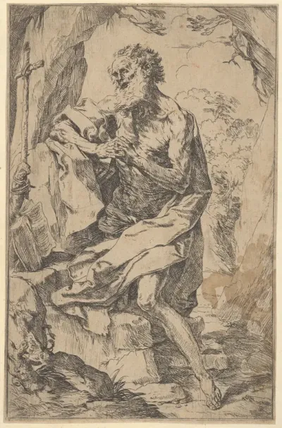 Saint Jerome kneeling on a rock in front of a cross and an open book facing left