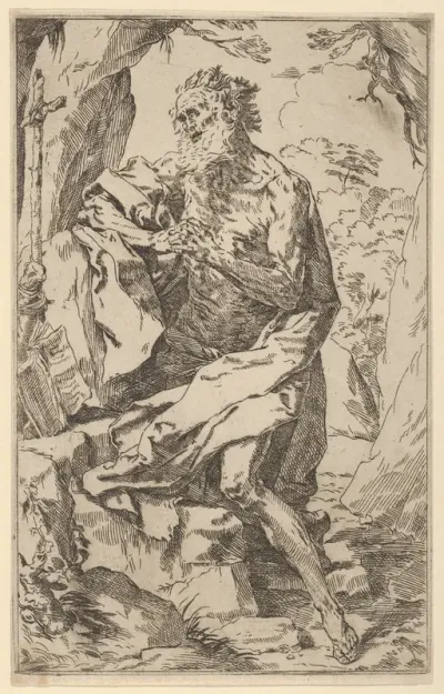 Saint Jerome kneeling on a rock in front of a cross and an open book facing left