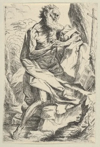 Saint Jerome kneeling on a rock in front of a cross and an open book facing right, after Reni