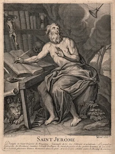 Saint Jerome. Line engraving by M. Dossier after A. Dieu