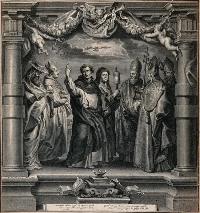 Saint Jerome, Saint Bernard of Clairvaux (?), Saint Dominic Guzman, Saint Clare, Saint Gregory the Great, Saint Ambrose and Saint Augustine of Hippo