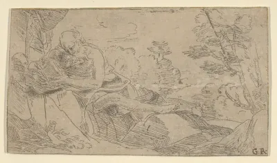 Saint Jerome seated on rocks and reading a book, a cross and a skull at left