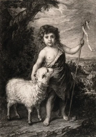 Saint John the Baptist as a child holding a cross, with a lamb, in the wilderness
