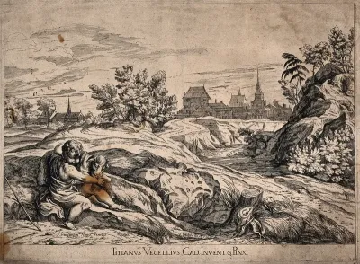 Saint John the Baptist as a child holding a lamb, in wilderness
