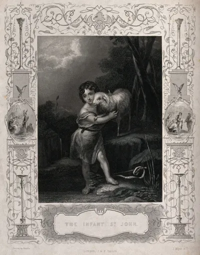 Saint John the Baptist as a child holding a lamb; scenes from his life and grottesche in the border