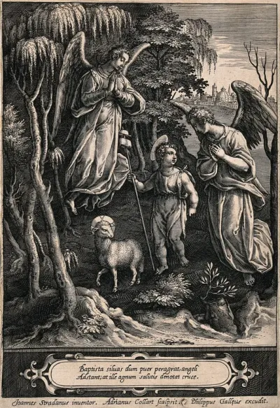 Saint John the Baptist as a child, in the wilderness, with two angels and a lamb; city in the background
