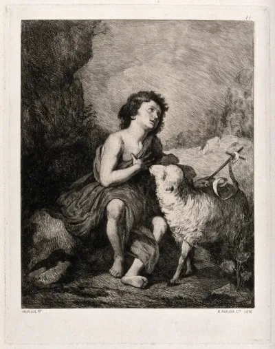 Saint John the Baptist as a child, seated, holding a cross, with a lamb