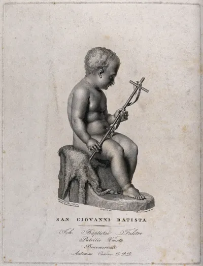 Saint John the Baptist as a child, seated, holding a cross