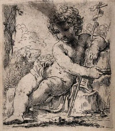 Saint John the Baptist as an infant, seated, holding a cross
