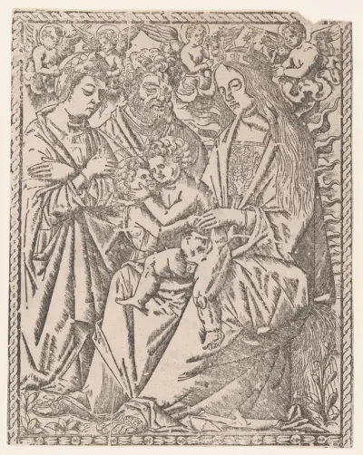 Saint John the Baptist embracing the Christ Child who sits on the Virgin's knee, she is being crowned by angels, other saints at left