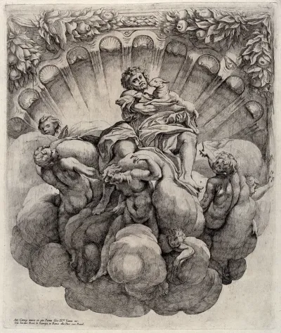 Saint John the Baptist enthroned on clouds, holding a lamb and surrounded by six angels