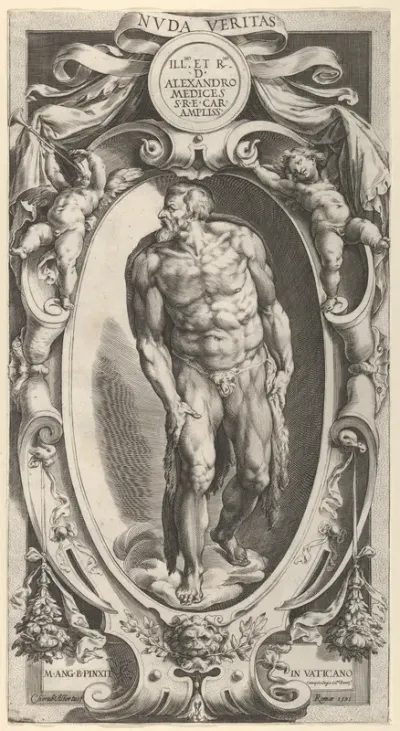 Saint John the Baptist in a decorative border, after Michelangelo's "The Last Judgment" fresco in the Sistine Chapel