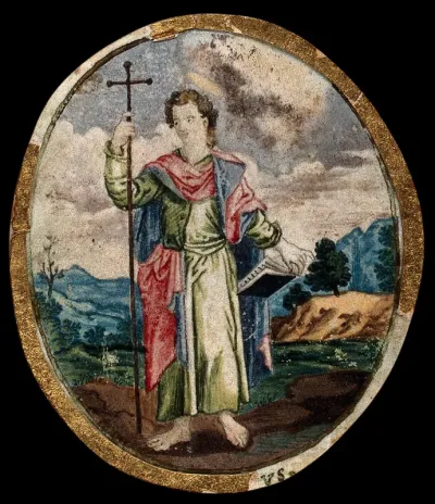 Saint John the Baptist in the wilderness, holding a cross
