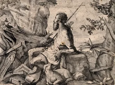 Saint John the Baptist in the wilderness, holding a cross