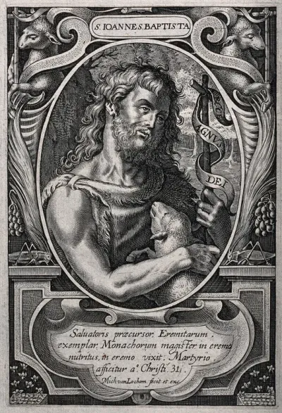 Saint John the Baptist in the wilderness, holding a lamb and a cross