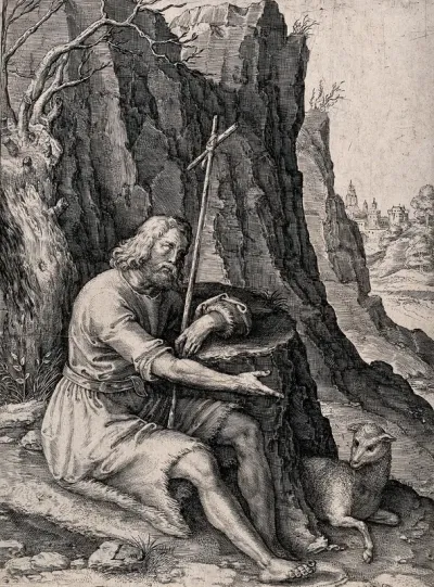 Saint John the Baptist in the wilderness, seated, holding a cross