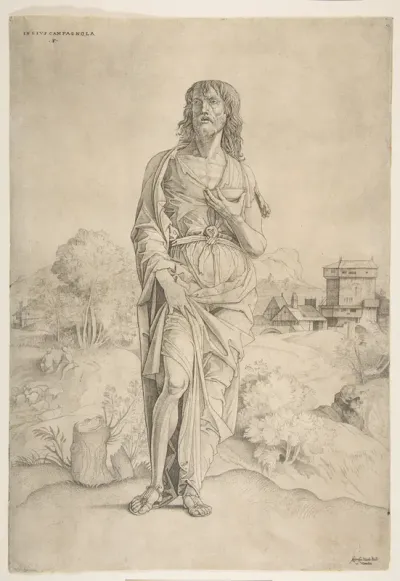 Saint John the Baptist standing in landscape, figures and buildings in the background
