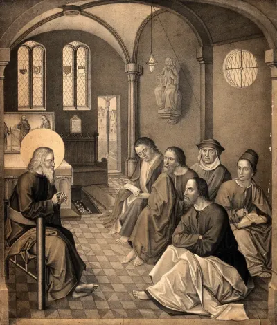 Saint John the Evangelist (?) addressing five disciples