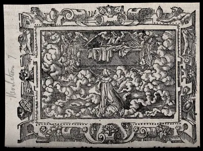 Saint John the Evangelist watches an angel giving robes to martyrs