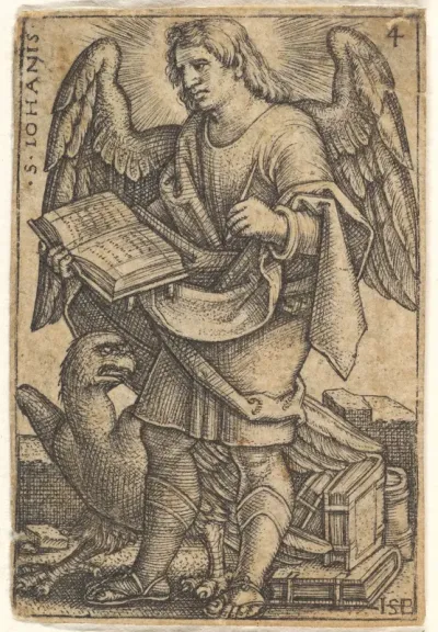Saint John with his head turned three-quarters to the left, with a book in his right hand and an eagle at his fee, plate 4 from "The Four Evangelists"