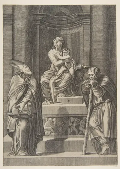 Saint Joseph at left and a bishop at right standing before the altar of the Virgin and Christ Child