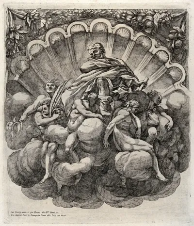 Saint Joseph in a niche surrounded by a border of scallops, supported by angels