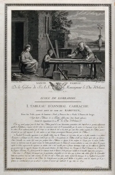 Saint Joseph practises carpentry assisted by the Christ Child, while Saint Mary (the Blessed Virgin) sews