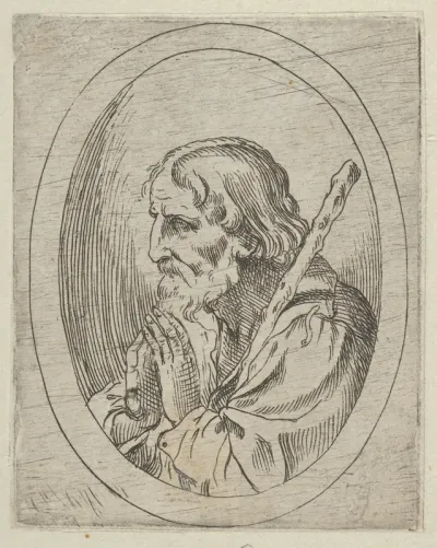 Saint Jude in prayer, seen in profile facing left with a staff resting on his shoulder, in an oval frame, from "Christ, the Virgin, and Thirteen Apostles"