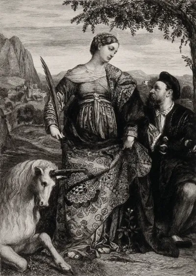 Saint Justina, with a unicorn and a man praying to her