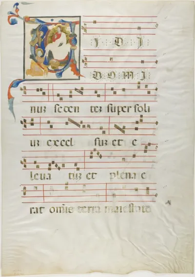 Saint Kneeling Before God Enthroned in a Historiated Initial "V" from an Antiphonary