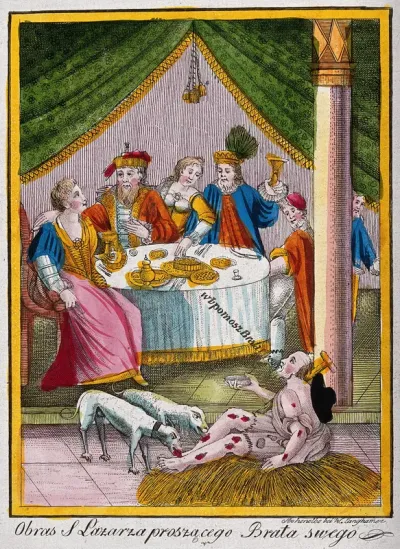 Saint Lazarus. Coloured etching
