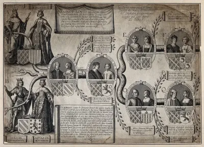Saint Louis, King Louis lX of France: a family tree of the House of Bourbon showing the descendants of King Louis and Marguerite de Provence, and of Jean de Bourgogne and Agnès de Bourbon (Agnès de Dampierre)
