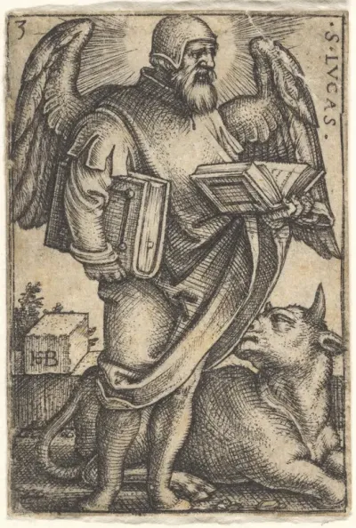 Saint Luke with his head turned in profile to the right, a book in each hand, a bull at his feet, plate 3 from "The Four Evangelists"