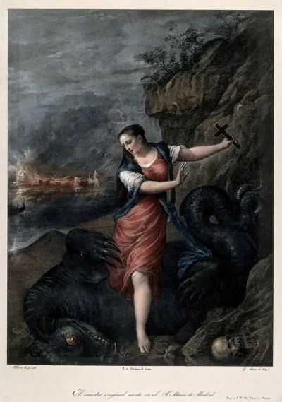 Saint Margaret. Coloured lithograph by G. Sensi y Baldachi after Titian