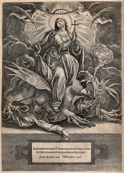 Saint Margaret: with the aid of the Holy Cross she crushes a dragon and receives the rewards of martyrdom