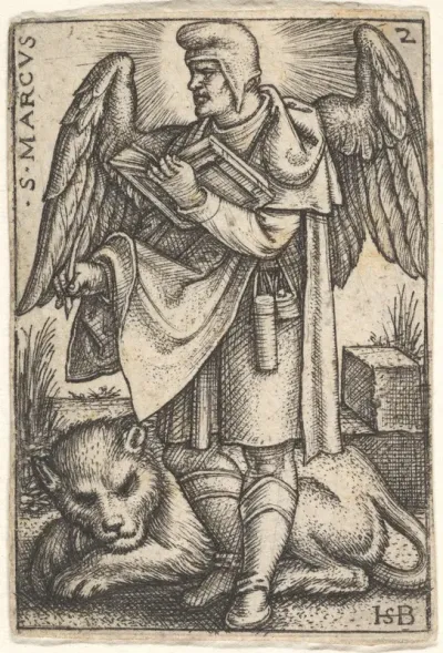 Saint Mark, his head turned in profile to the left, with an open book in his right hand and a lion at his feet, plate 2 from "The Four Evangelists"