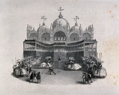 Saint Mark's Square, Venice: two men on horseback are jousting at a tournament before a crowd celebrating the marriage of Jacopo Foscari